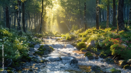 Beautiful landscape with a small river in the forest in the morning nature background