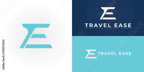 Abstract initial letter TE or ET in blue color isolated on multiple background colors. The logo is suitable for modern online travel agent company logo design inspiration templates.