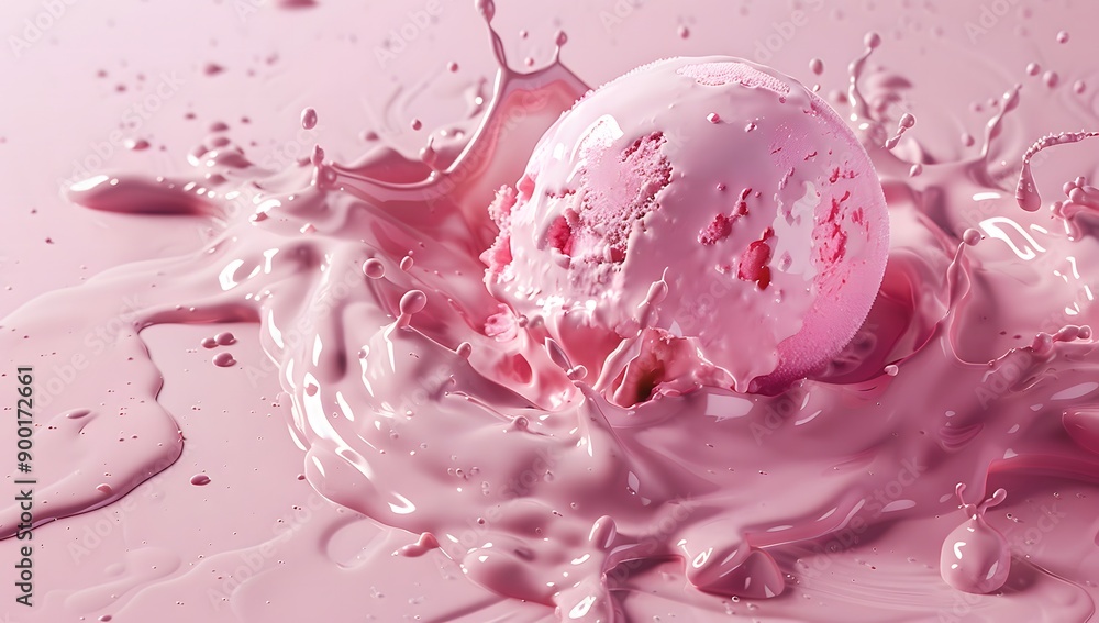 Pink ice cream cone melting with pink sauce on a white background.
Pink ice cream cone melting with pink sauce on a white background.