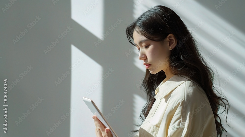 Sunlit Focus: A young woman engrossed in her tablet, bathed in the warm glow of window light, embodies modern serenity and digital connection. Sunlit Focus: A young woman engrossed in her tablet, bathed in the warm glow of window light, embodies modern serenity and digital connection.
