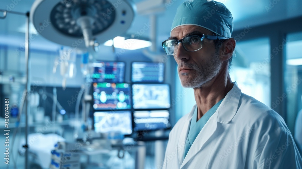 Doctor in modern operating room with advanced medical equipment and monitors, wearing scrubs and surgical cap, focused on patient care. Doctor in modern operating room with advanced medical equipment and monitors, wearing scrubs and surgical cap, focused on patient care.