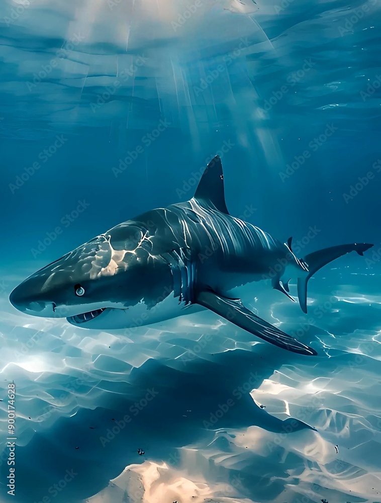 Fototapeta premium The secret world of the ocean, a realm of large and dangerous giants. A white shark in its element and man as a guest.