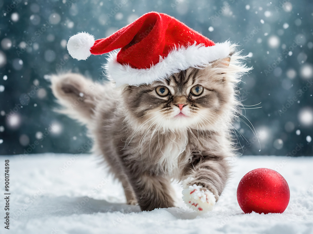 Christmas cat on snow. Tabby and happy kitten. New Year, holidays and celebrations Christmas cat on snow. Tabby and happy kitten. New Year, holidays and celebrations