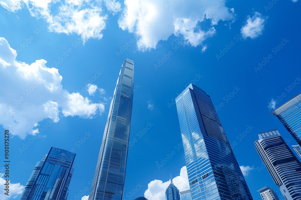Skyscrapers Reaching into a Bright Blue Sky with White Clouds on a Sunny Day Skyscrapers Reaching into a Bright Blue Sky with White Clouds on a Sunny Day