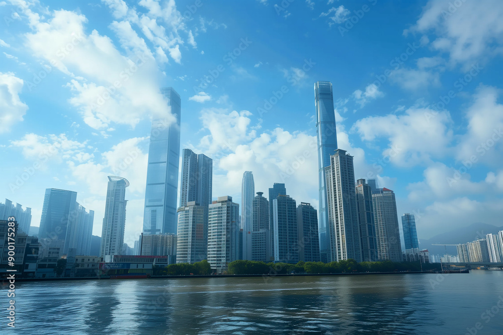 Skyscrapers Reaching into a Bright Blue Sky with White Clouds on a Sunny Day Skyscrapers Reaching into a Bright Blue Sky with White Clouds on a Sunny Day