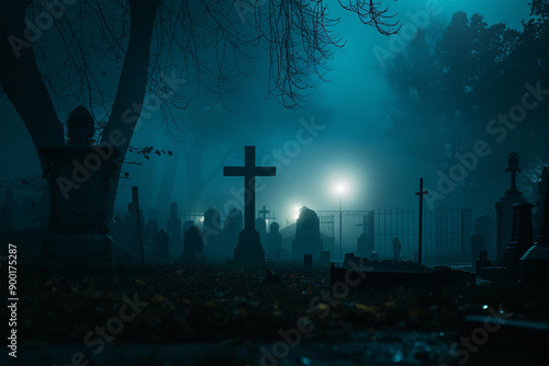 cemetery in the dark of a foggy night Artificial Intelligence Generated