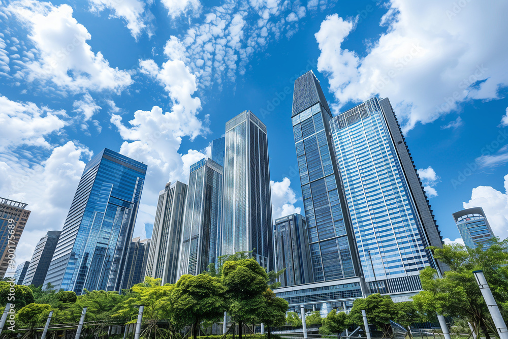 Skyscrapers Reaching into a Bright Blue Sky with White Clouds on a Sunny Day Skyscrapers Reaching into a Bright Blue Sky with White Clouds on a Sunny Day