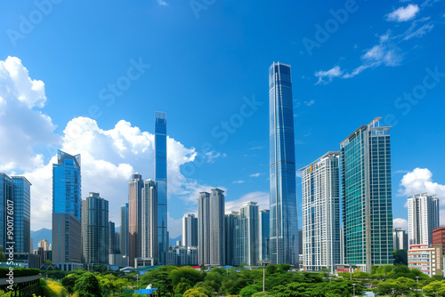 Skyscrapers Reaching into a Bright Blue Sky with White Clouds on a Sunny Day