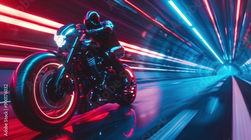 Neon Motorcycle Ride Through a Tunnel