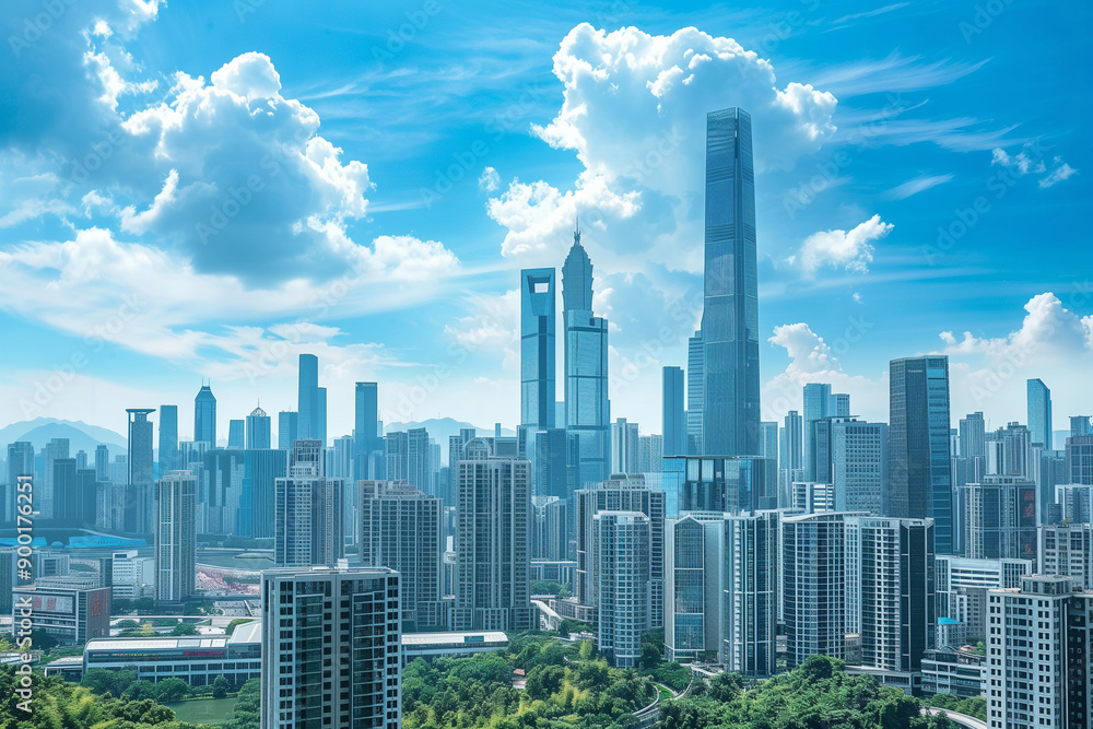 Skyscrapers Reaching into a Bright Blue Sky with White Clouds on a Sunny Day Skyscrapers Reaching into a Bright Blue Sky with White Clouds on a Sunny Day