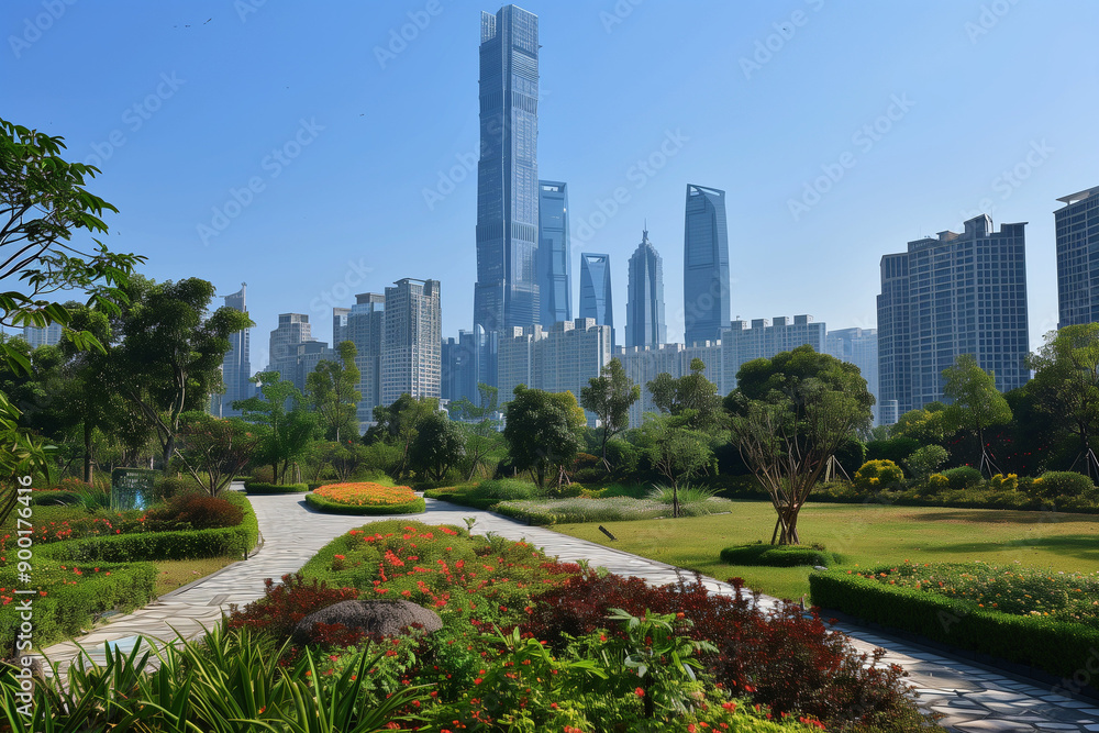Fototapeta premium Skyscrapers Reaching into a Bright Blue Sky with White Clouds on a Sunny Day