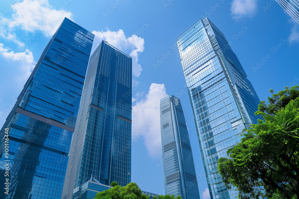 Skyscrapers Reaching into a Bright Blue Sky with White Clouds on a Sunny Day Skyscrapers Reaching into a Bright Blue Sky with White Clouds on a Sunny Day