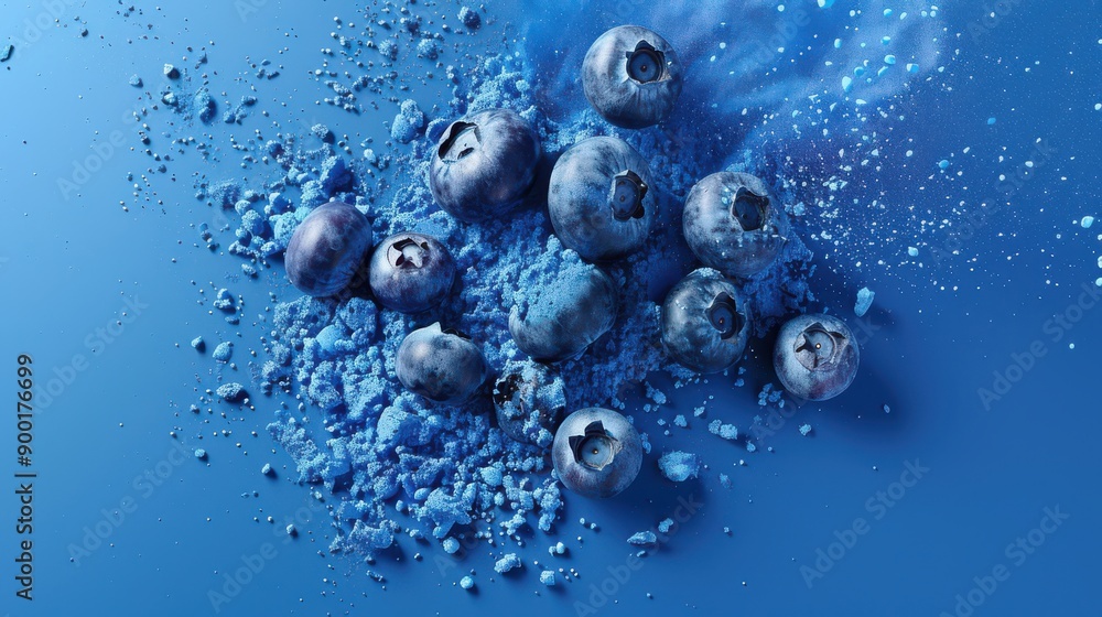 Blueberry Explosion in 3D Color, dark blurred background Blueberry Explosion in 3D Color, dark blurred background