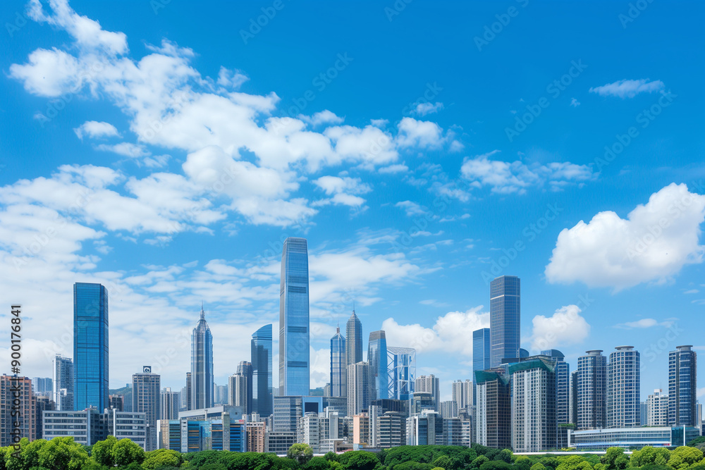 Skyscrapers Reaching into a Bright Blue Sky with White Clouds on a Sunny Day Skyscrapers Reaching into a Bright Blue Sky with White Clouds on a Sunny Day