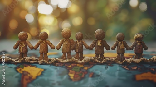 Wooden figures of different cultures holding hands  © shameem