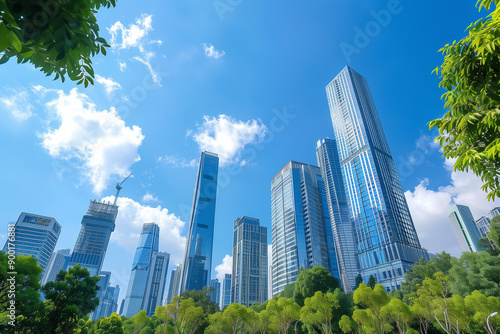 Skyscrapers Reaching into a Bright Blue Sky with White Clouds on a Sunny Day