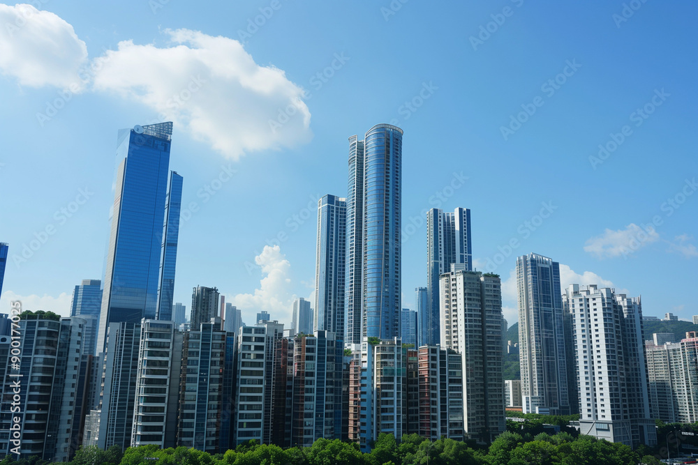 Skyscrapers Reaching into a Bright Blue Sky with White Clouds on a Sunny Day Skyscrapers Reaching into a Bright Blue Sky with White Clouds on a Sunny Day