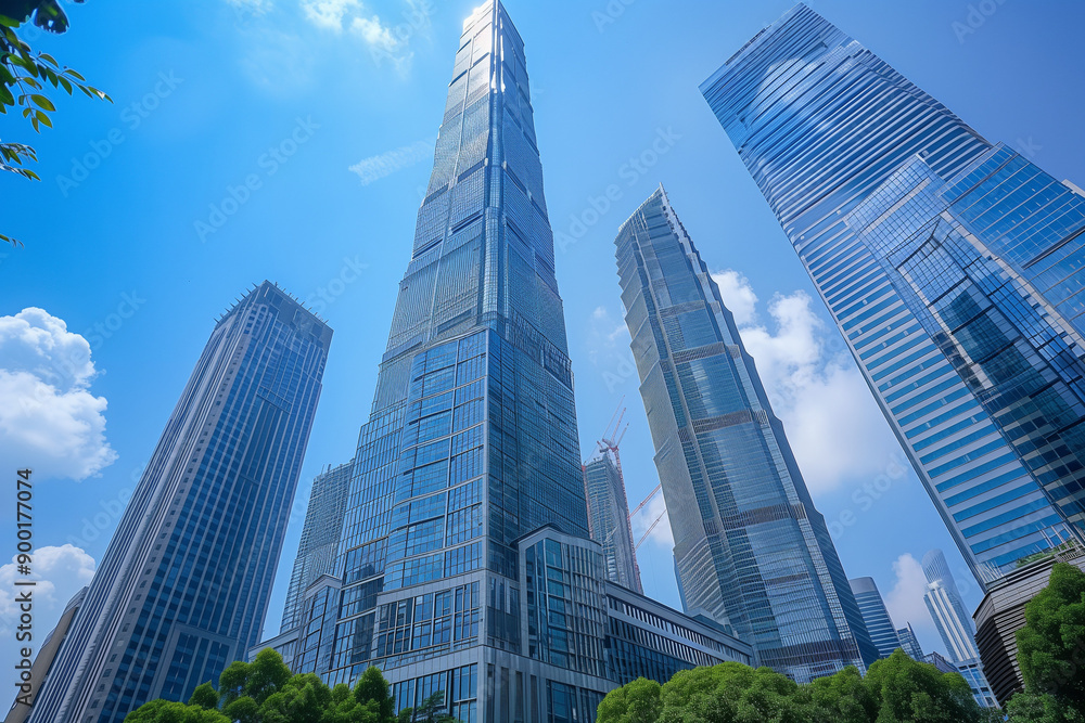 Skyscrapers Reaching into a Bright Blue Sky with White Clouds on a Sunny Day Skyscrapers Reaching into a Bright Blue Sky with White Clouds on a Sunny Day