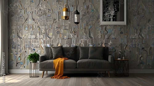 Home renovation. Room interior with stylish gray wallpaper on wall