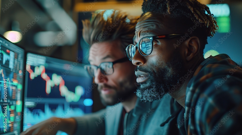 Fototapeta premium Data Driven Decisions: Two focused professionals, one Caucasian and one African American, analyze data charts on multiple computer screens in a dimly lit office space. 