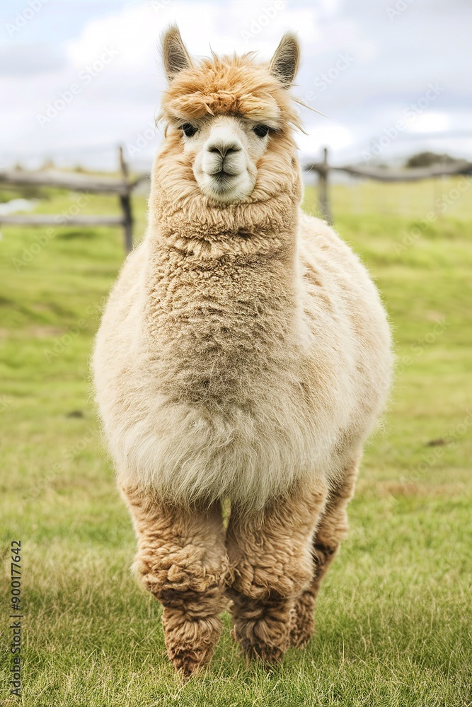 A fluffy alpaca standing on a grassy field A fluffy alpaca standing on a grassy field
