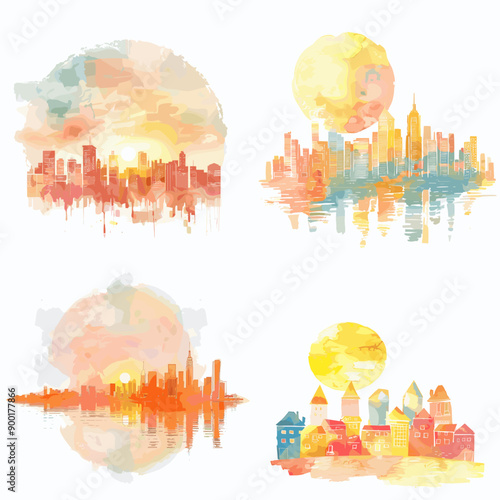 The four paintings show a city skyline with a sun in the background