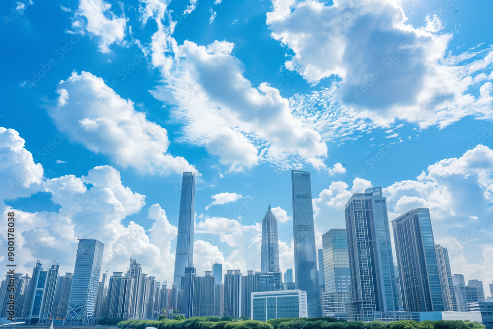 Skyscrapers Viewed from Below with Blue Sky and White Clouds Skyscrapers Viewed from Below with Blue Sky and White Clouds