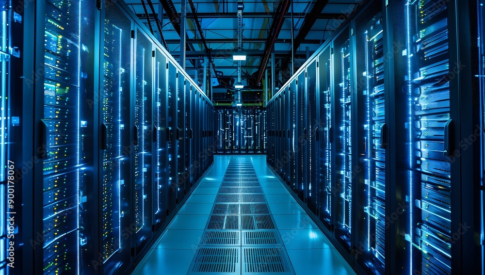Fototapeta premium Dark data center with blue lights and powerful servers