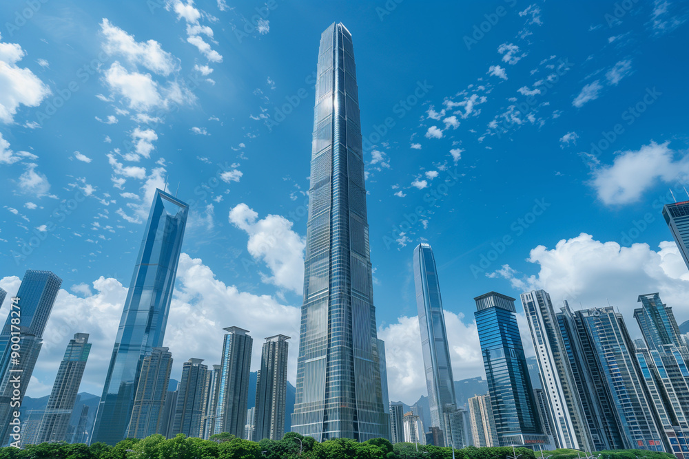 Skyscrapers Viewed from Below with Blue Sky and White Clouds