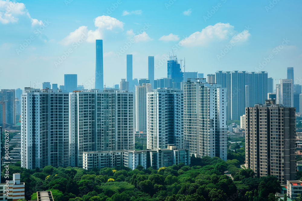Skyscrapers Viewed from Below with Blue Sky and White Clouds Skyscrapers Viewed from Below with Blue Sky and White Clouds