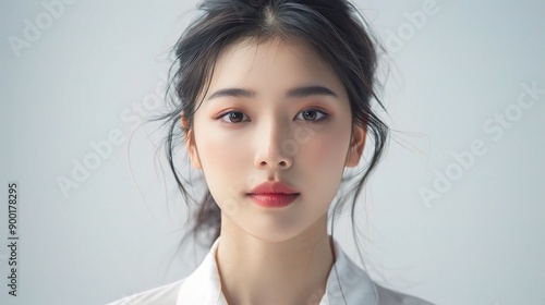 Serene Gaze: A portrait of a young Asian woman with soft makeup and a graceful updo, exuding an air of tranquility and confidence. 