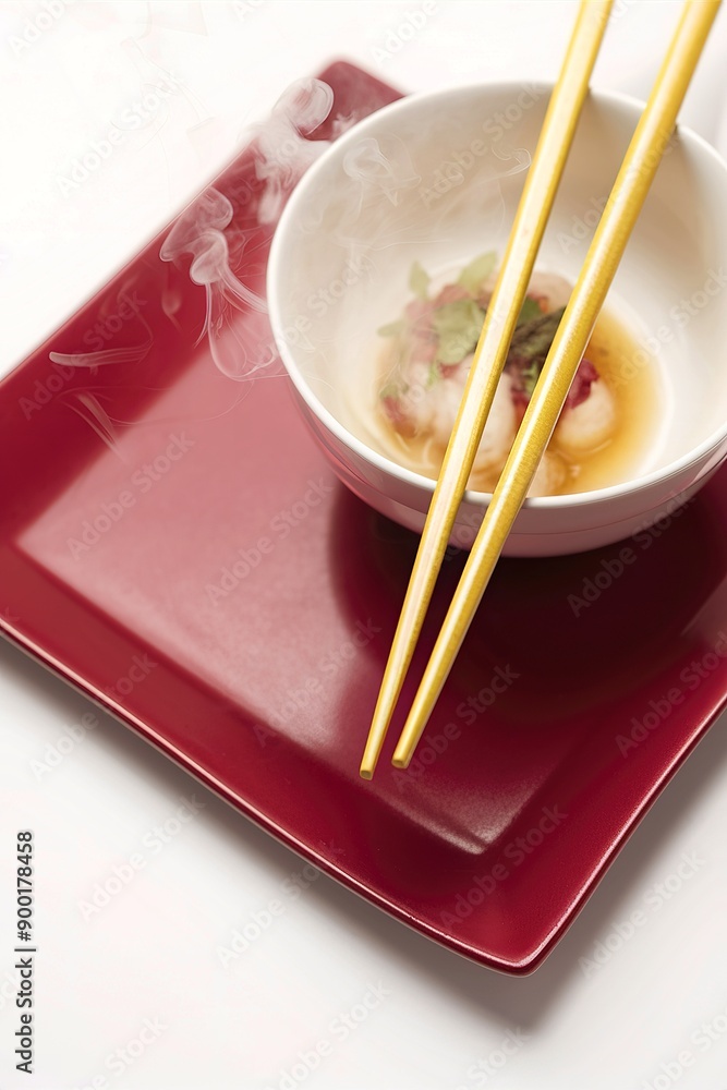 A pair of yellow chopsticks resting on a white bowl, which is placed on a red rectangular plate