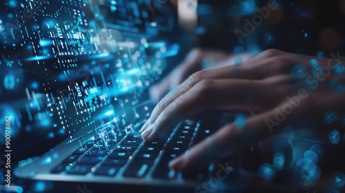 Hands typing with holographic carbon dioxide data, side view, blue background, futuristic and analytical