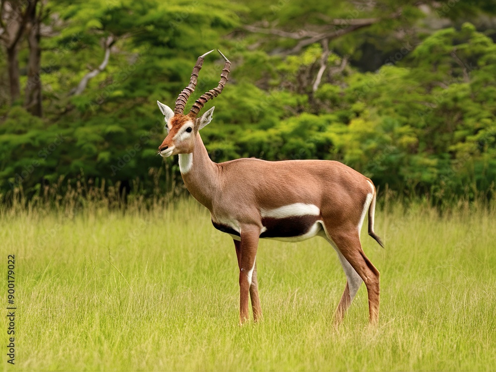 A brown antelope standing in a lush green grassy field A brown antelope standing in a lush green grassy field
