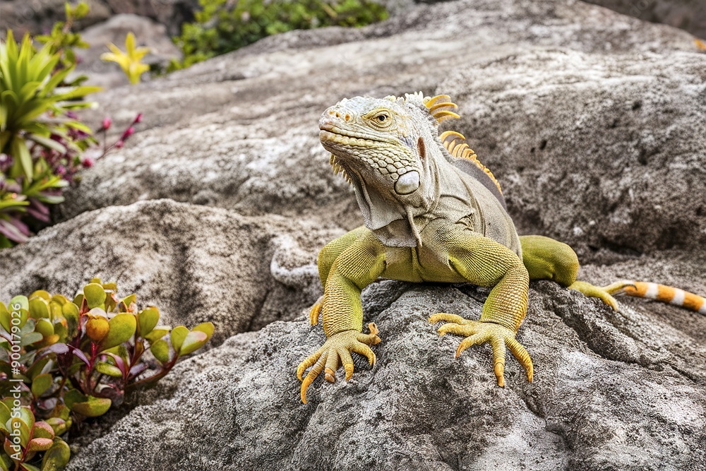 A reptile, specifically an iguana, perched on a rocky terrain A reptile, specifically an iguana, perched on a rocky terrain