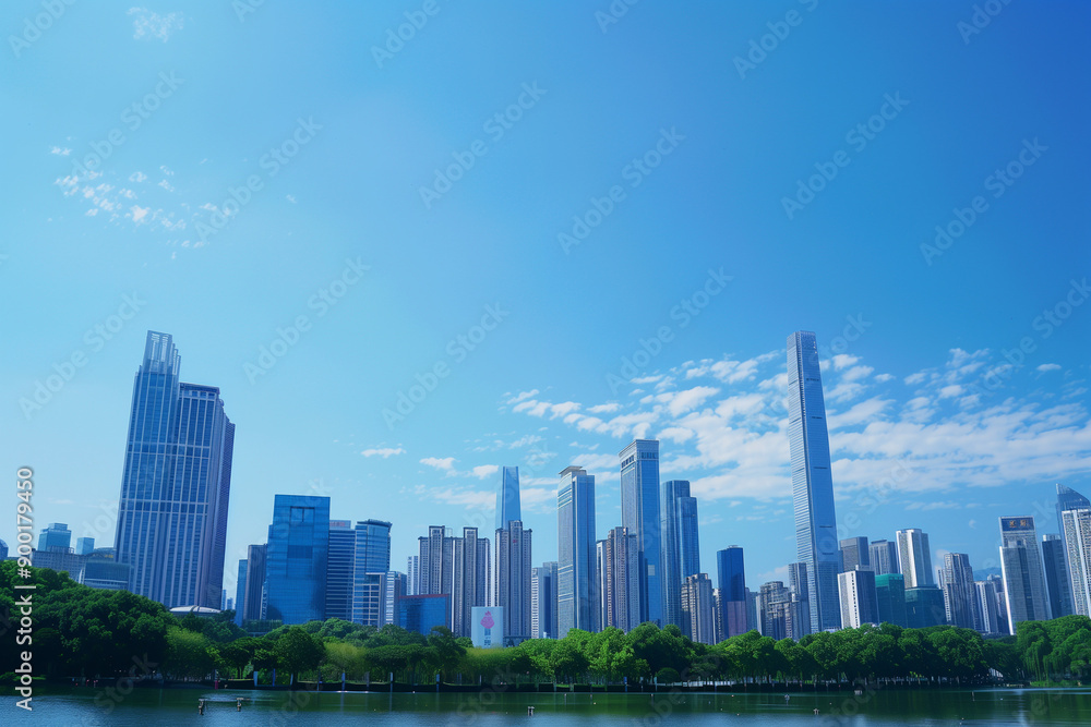 Skyscrapers Reaching into a Bright Blue Sky with White Clouds on a Sunny Day Skyscrapers Reaching into a Bright Blue Sky with White Clouds on a Sunny Day