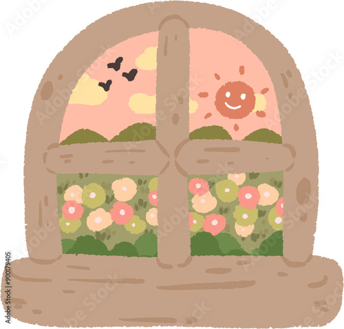 A cute illustration of a window with a flower garden outside. The window is divided into four panes, with a pink sky and flying birds in the top two panes, and a green garden with pink and yellow flow