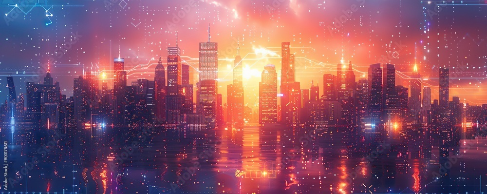 Fototapeta premium Cityscape with Neon Lights and Digital Overlays