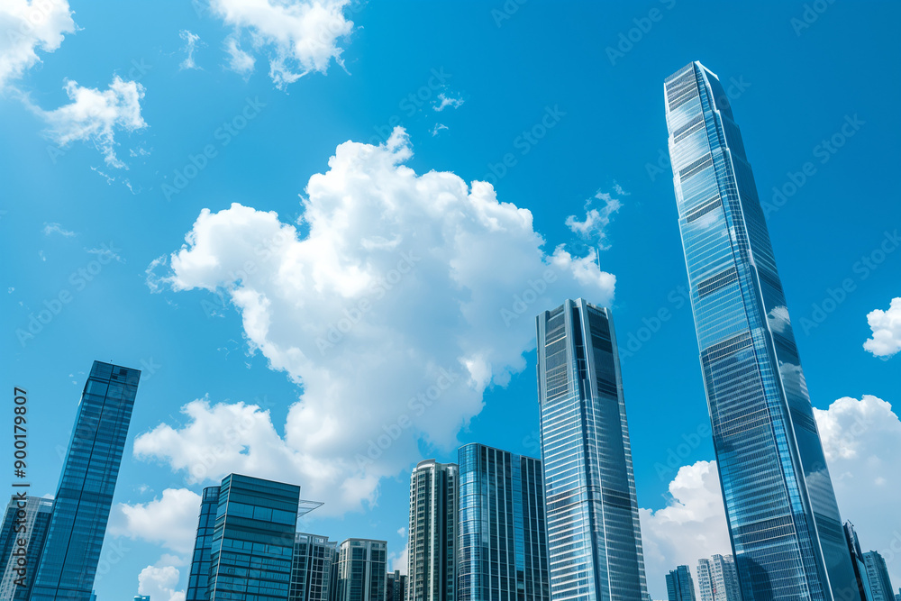 Fototapeta premium Skyscrapers Reaching into a Bright Blue Sky with White Clouds on a Sunny Day