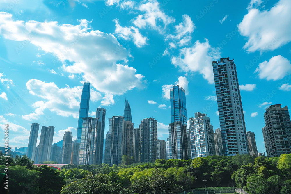 Skyscrapers Reaching into a Bright Blue Sky with White Clouds on a Sunny Day Skyscrapers Reaching into a Bright Blue Sky with White Clouds on a Sunny Day