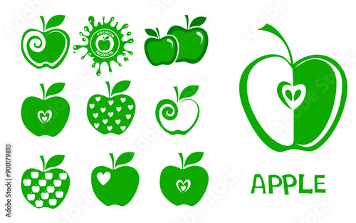 Set of apple icon isolated on white background. Fruits icon and Fruit logo design fresh fruits, nature food. Vector illustration. Whole and sliced garden fruit. Abstract flat design drawn healthy food