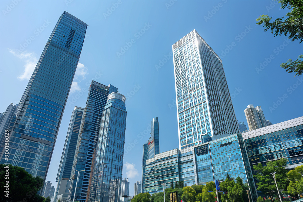 Skyscrapers Reaching into a Bright Blue Sky with White Clouds on a Sunny Day Skyscrapers Reaching into a Bright Blue Sky with White Clouds on a Sunny Day