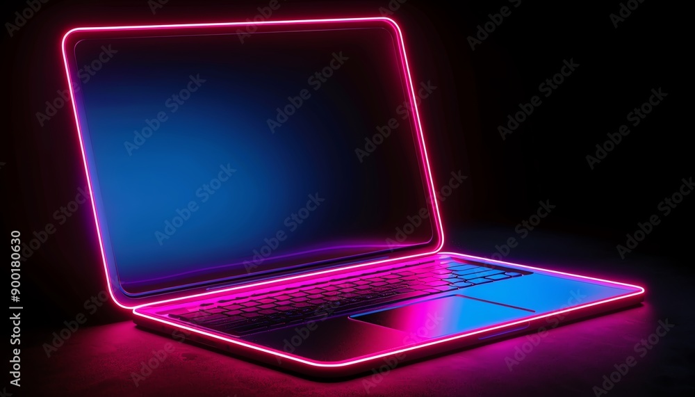 Neonlit laptop with glowing pink and blue frame, dark background, futuristic tech vibe Neonlit laptop with glowing pink and blue frame, dark background, futuristic tech vibe