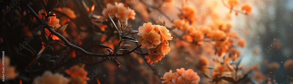 Orange flowers in a forest setting, illuminated by soft, dreamy light Orange flowers in a forest setting, illuminated by soft, dreamy light