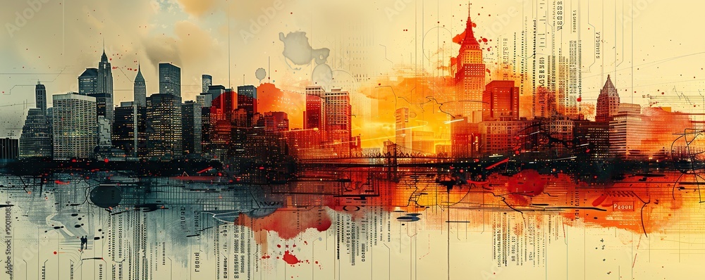 Obraz premium Abstract Cityscape with Red and Orange Watercolor Splashes