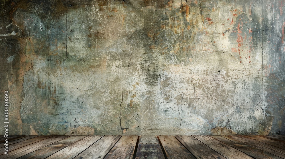 Fototapeta premium Vintage wooden stage backdrop with distressed floor and weathered wall for aged grunge setting