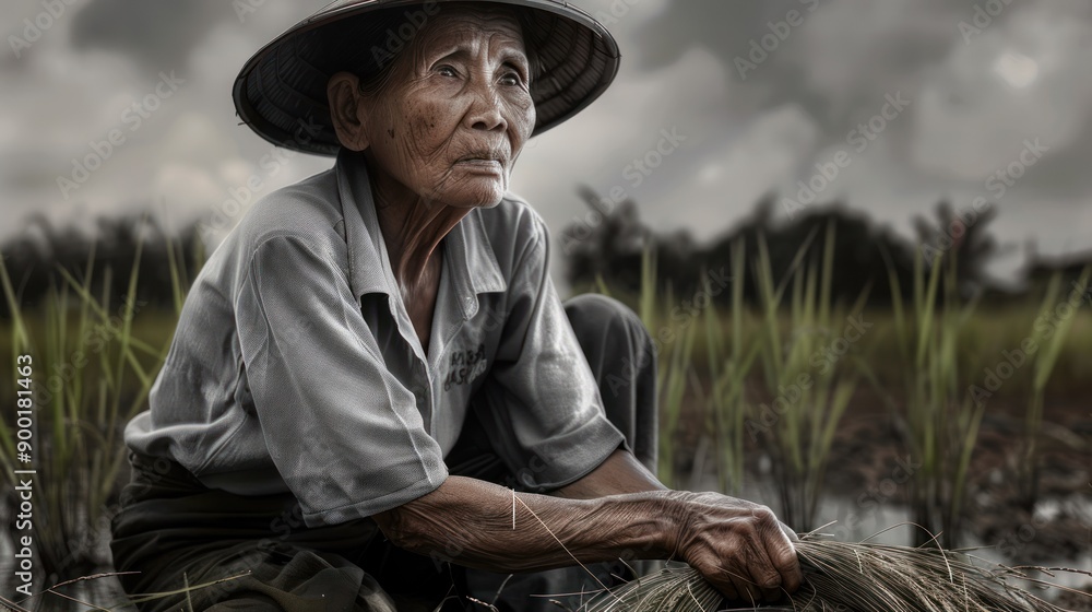Asian farmer working in a rice patty, old woman, hard life, hard working, stern face, looking away Asian farmer working in a rice patty, old woman, hard life, hard working, stern face, looking away