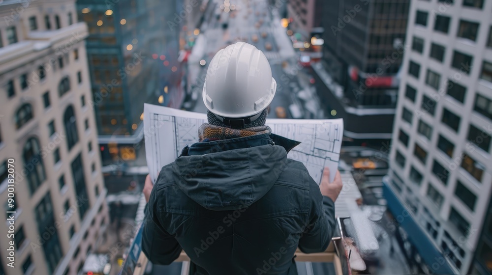 Construction Engineer on Scaffolding Reviewing Blueprints, City Street Below Construction Engineer on Scaffolding Reviewing Blueprints, City Street Below