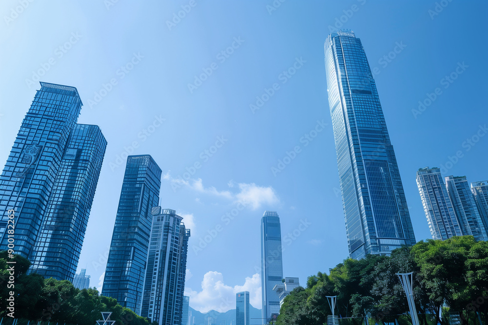 Skyscrapers Reaching into a Bright Blue Sky with White Clouds on a Sunny Day Skyscrapers Reaching into a Bright Blue Sky with White Clouds on a Sunny Day