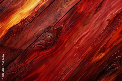 Close-Up of Deep Red and Orange Wood Texture with Natural Grain Patterns
